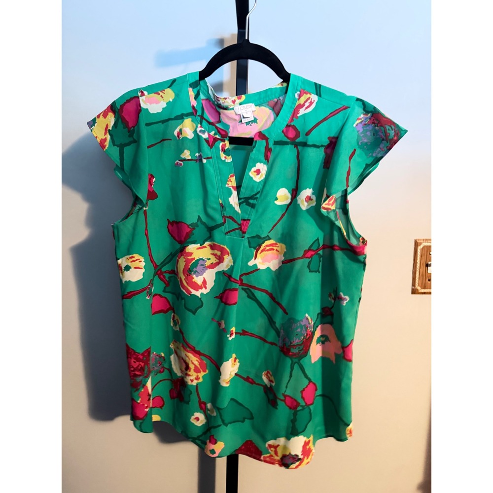 J.Crew Green Floral Flutter Sleeve Split Neck Blouse Top G3362 Size 10